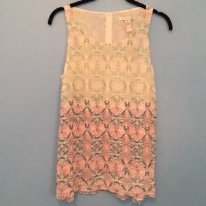 CAbi pink, green, cream patterned top.
